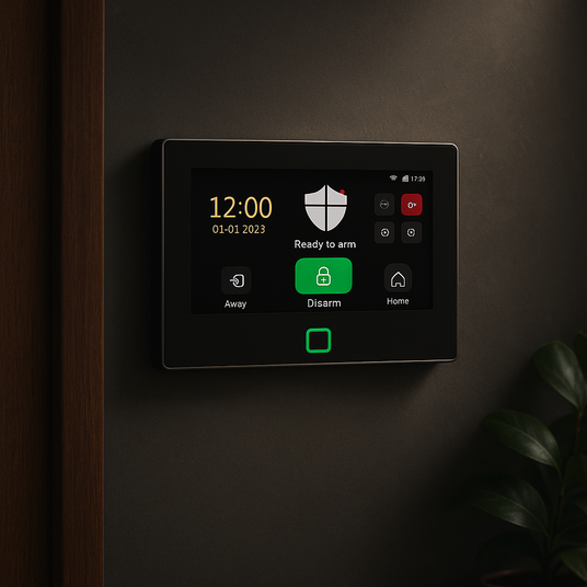 Security system control panel on a dark wall with digital display and buttons