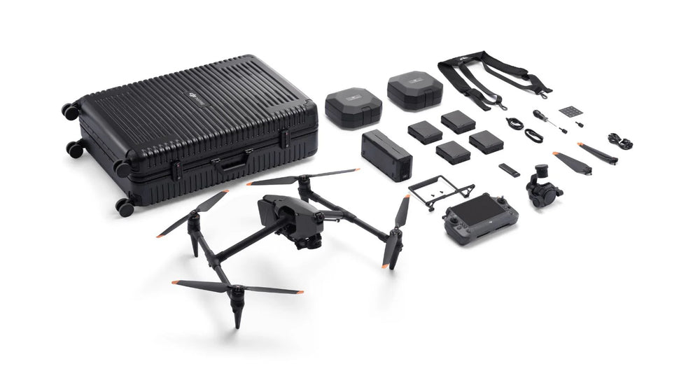 Black DJI drone with accessories