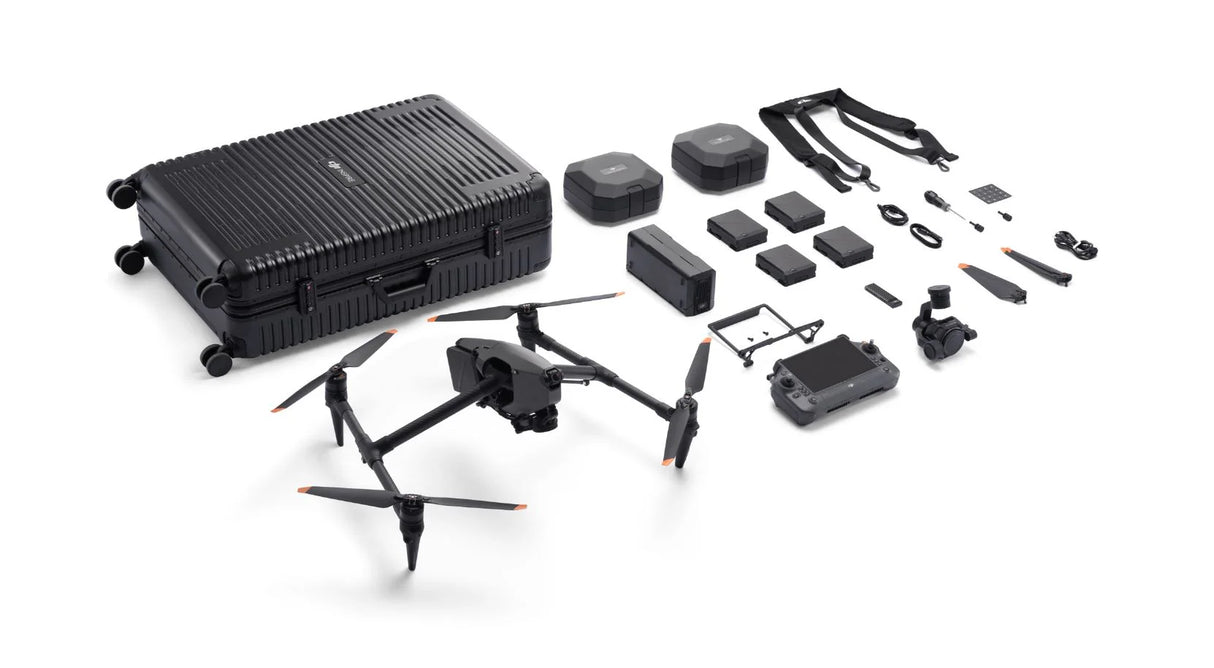 Black DJI drone with accessories
