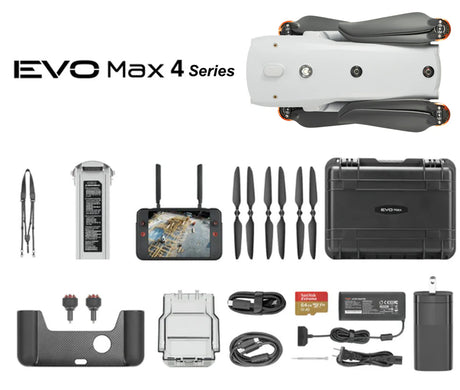 EVO Max 4 Series drone components including drone, battery, propellers, and accessories