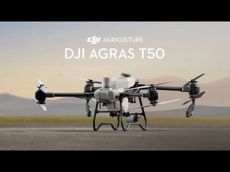 DJI Agras T50 drone on a runway with a clear sky background
